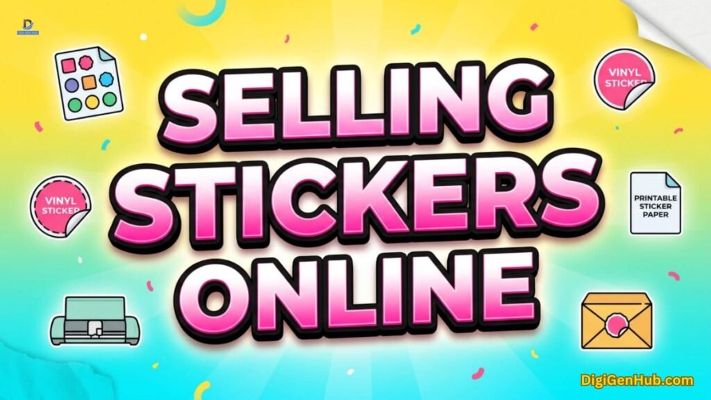 Selling stickers online illustration with vinyl sticker creation icons.