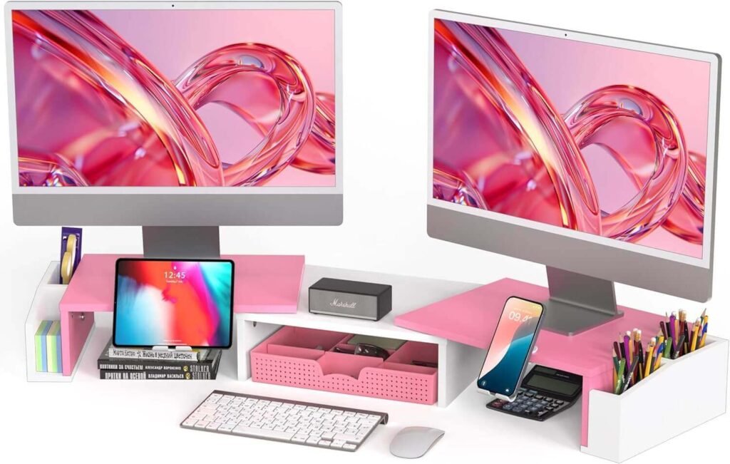 Simple Houseware dual monitor stand riser keeps office desk neat and organized