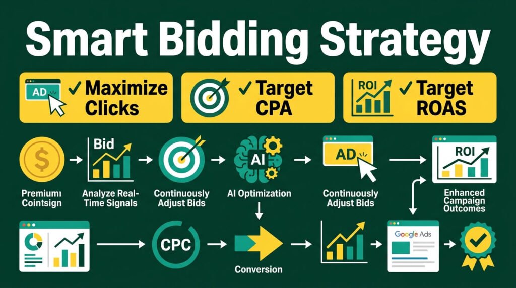 Smart bidding strategy improving clicks conversions target CPA and ROAS performance.
