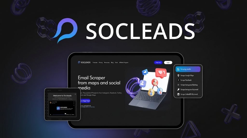 SocLeads dashboard scraping public B2B emails from social media and Maps.