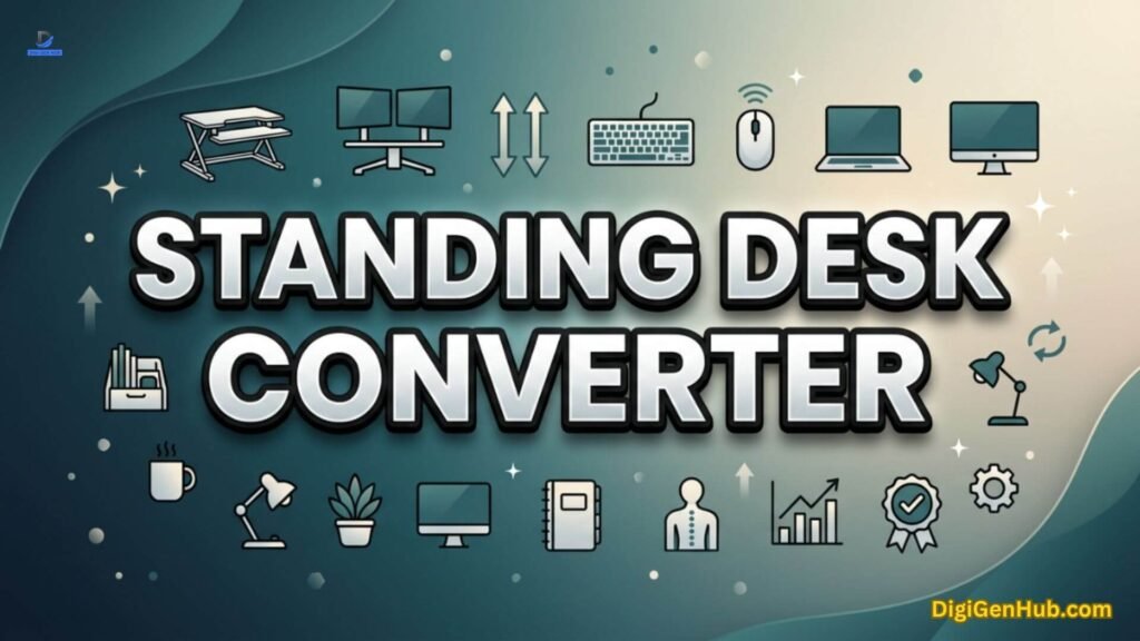 Standing desk converter illustration with ergonomic office workspace icons.