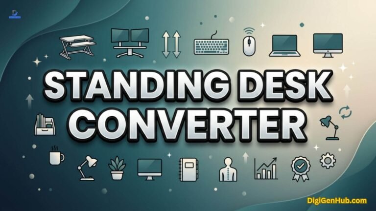 Standing desk converter illustration with ergonomic office workspace icons.