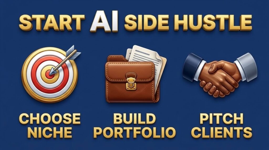 AI side hustle infographic showing niche, portfolio, and client outreach.