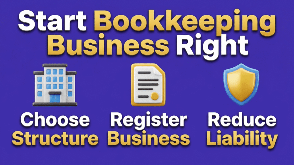 Bookkeeping business infographic showing structure, registration, and liability protection.