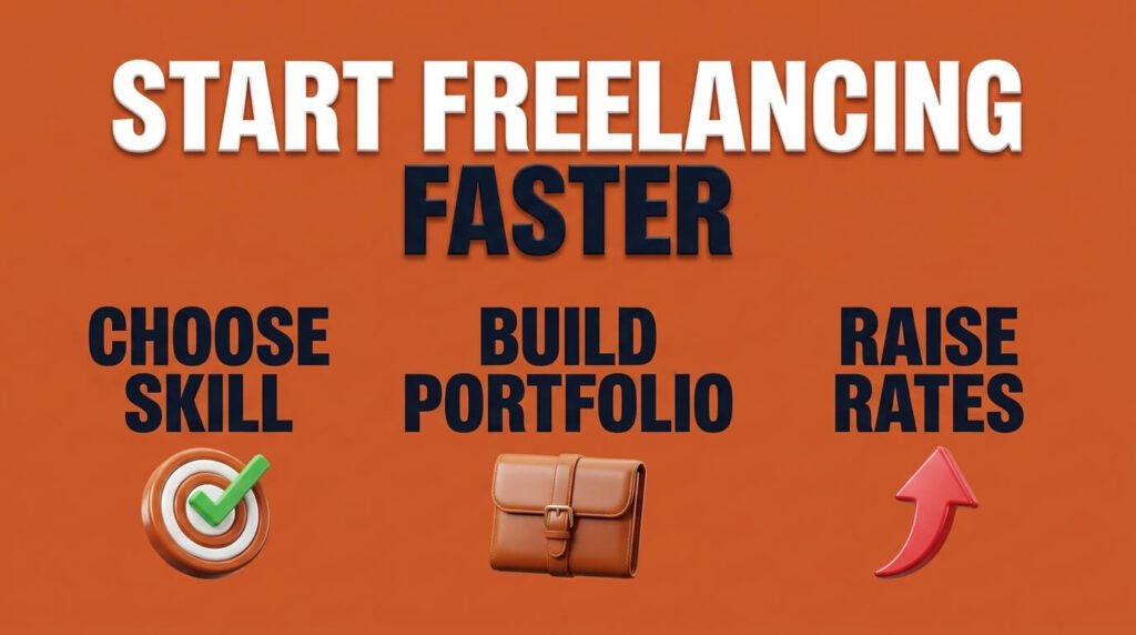Freelancing infographic showing skill selection, portfolio, and rate growth.