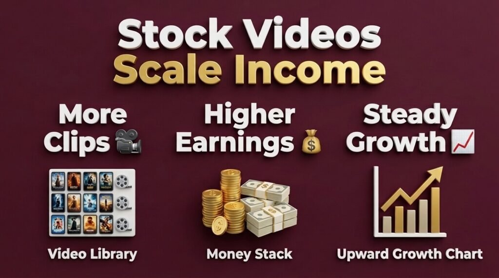 Stock video infographic showing clips, earnings, and growth potential.