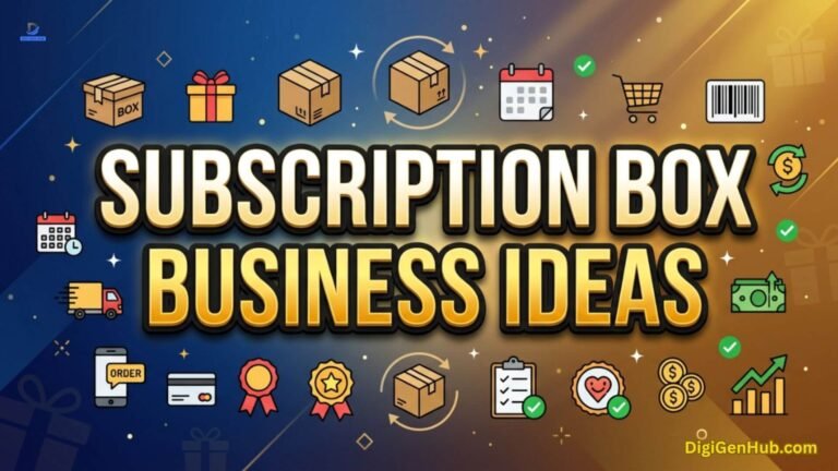 Subscription box business illustration with delivery and recurring revenue icons.