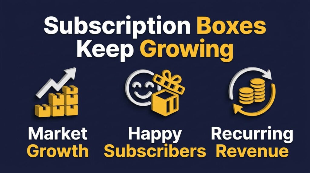 Subscription box infographic showing growth, subscribers, and recurring revenue.