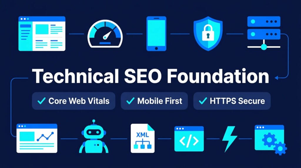 Technical SEO foundation showing speed mobile security optimization improving Google rankings today