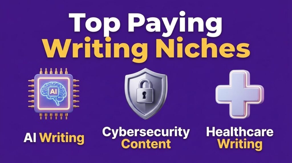 Writing infographic showing AI, cybersecurity, and healthcare niches.