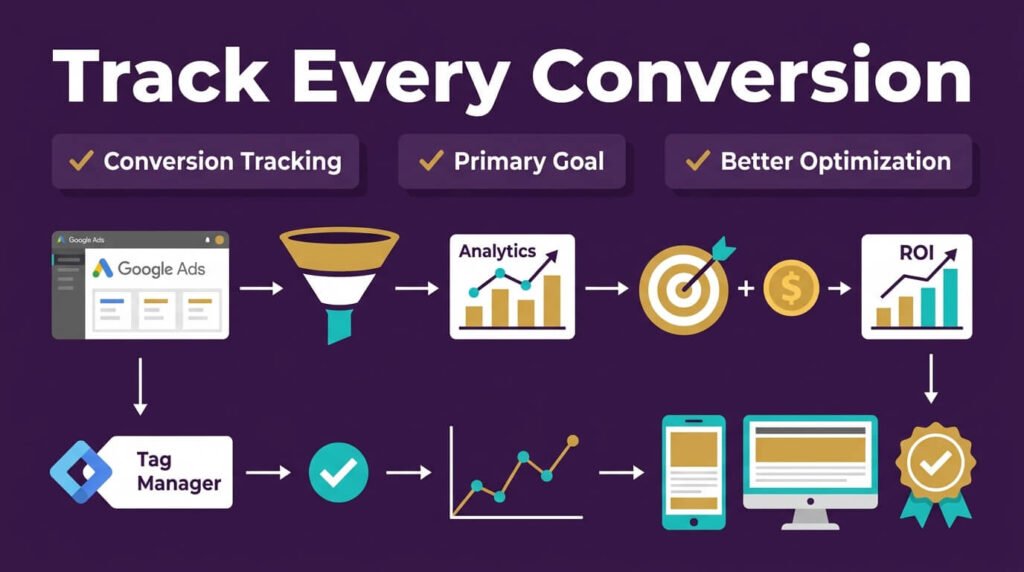 Conversion tracking improves optimization increases Google Ads campaign performance and ROI.