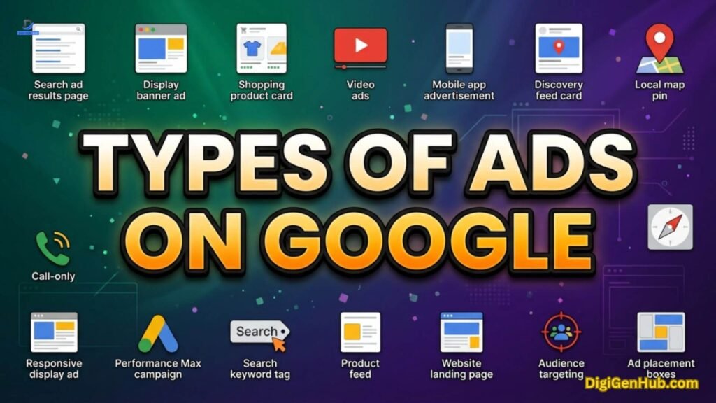 Google ads types illustration with advertising format icons.