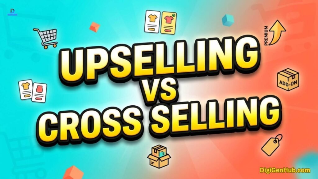 Upselling versus cross selling illustration with product comparison icons.