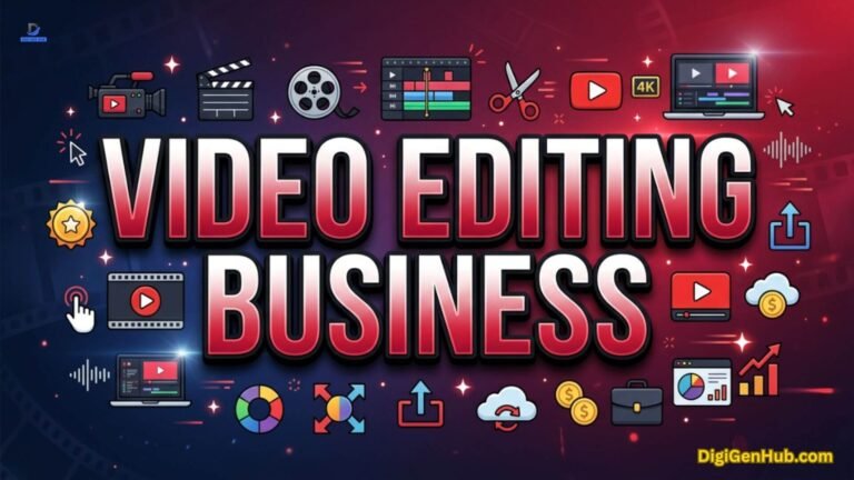 Video editing business illustration with creative production and income icons.