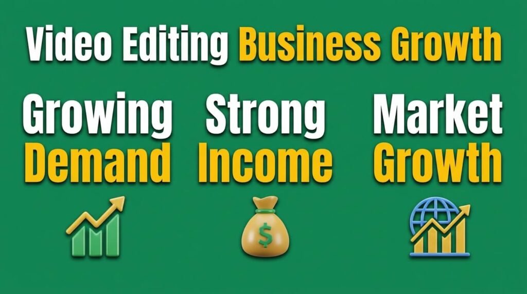 Video editing infographic showing demand, income, and market growth.