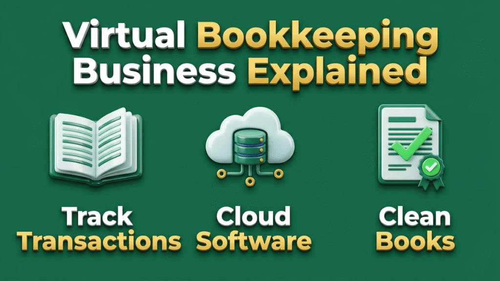 Virtual bookkeeping infographic showing transactions, cloud software, and clean books.