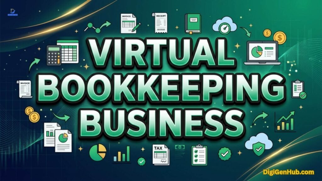 Virtual bookkeeping business illustration with accounting and finance icons.