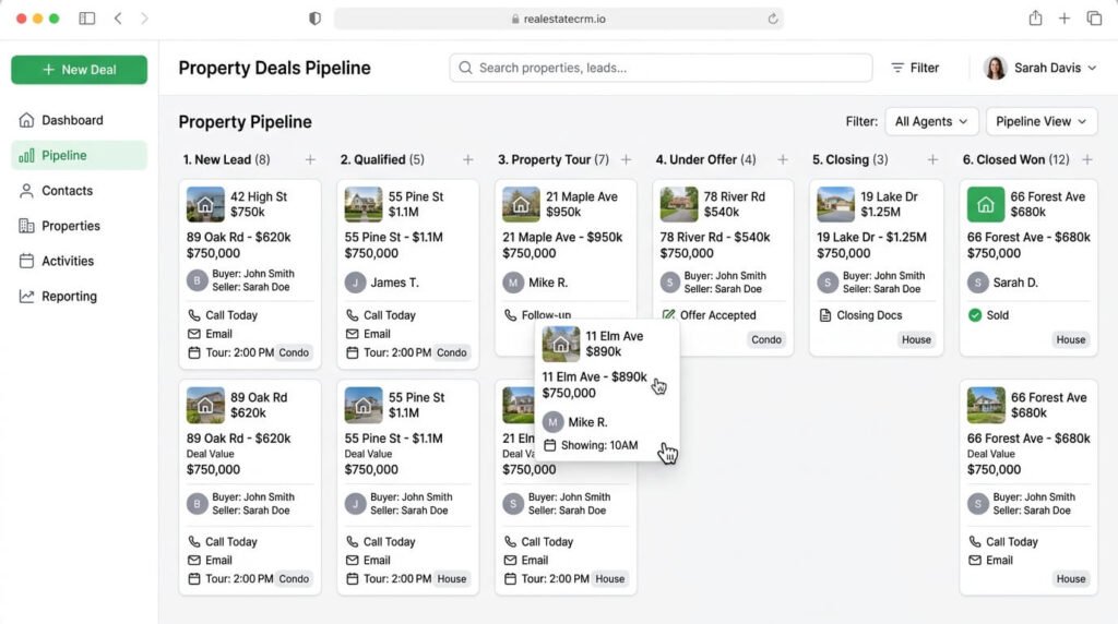 Visual CRM pipeline showing real estate deals moving stages