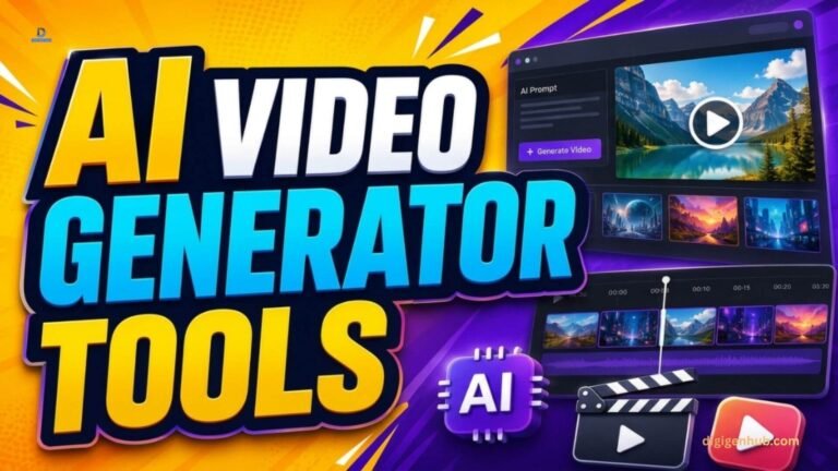 AI video generator tools with video creation interface and timeline.