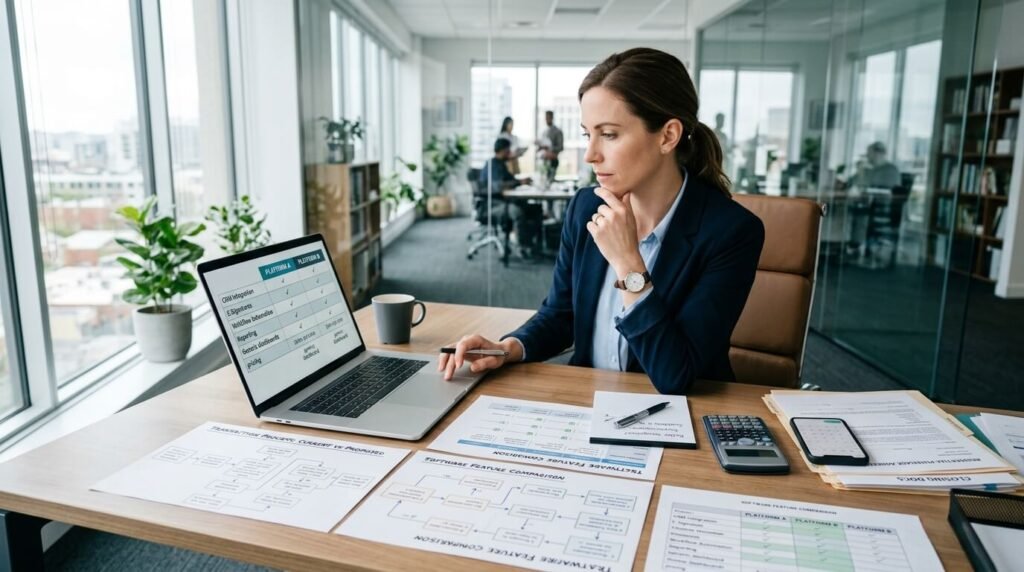 Agent comparing real estate transaction management software options carefully