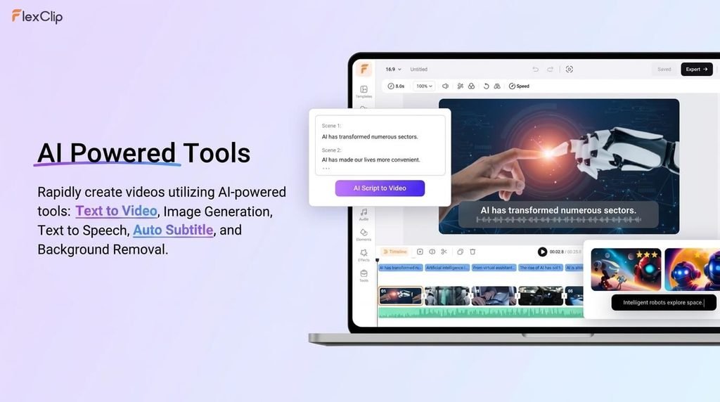 FlexClip AI video editor dashboard showing text to video and template tools.