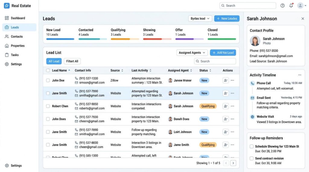 Real estate CRM dashboard showing organized leads and follow ups