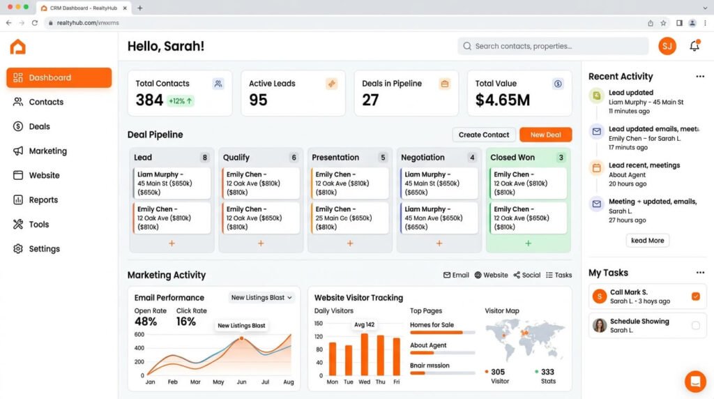 CRM dashboard combining real estate marketing sales contacts and deals