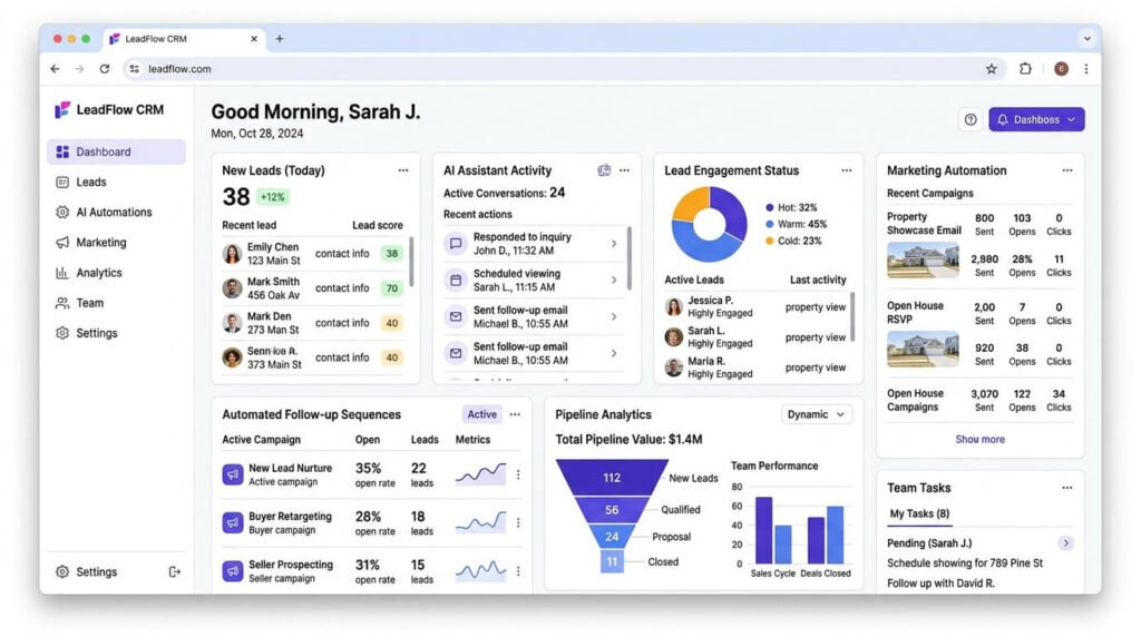 AI CRM dashboard automating real estate leads and follow ups