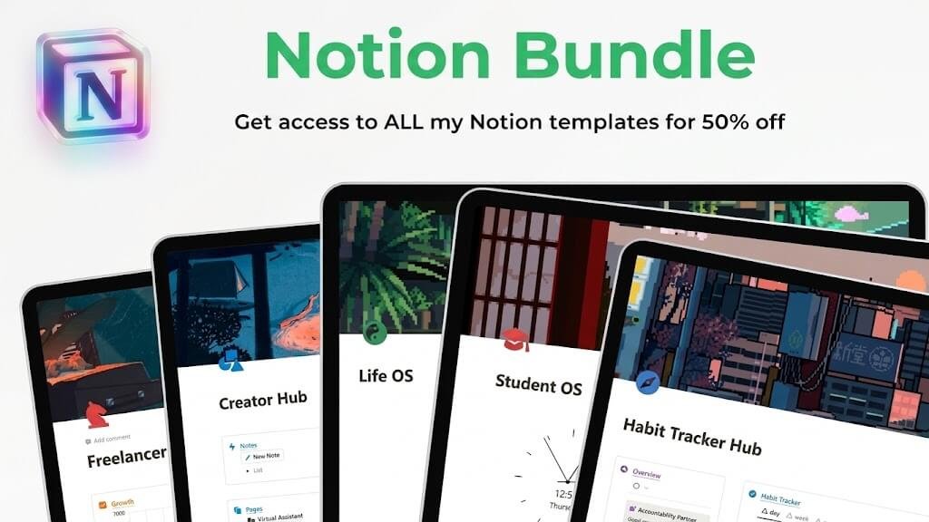 Notion templates bundle pack mockups on white background