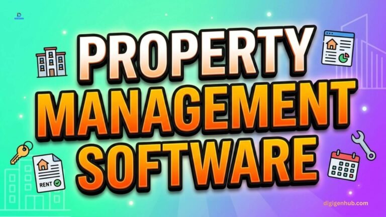 Property management software illustration with rental, maintenance, and property icons.