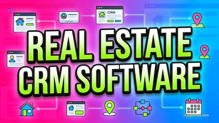 Real estate CRM software illustration with property and lead management icons.