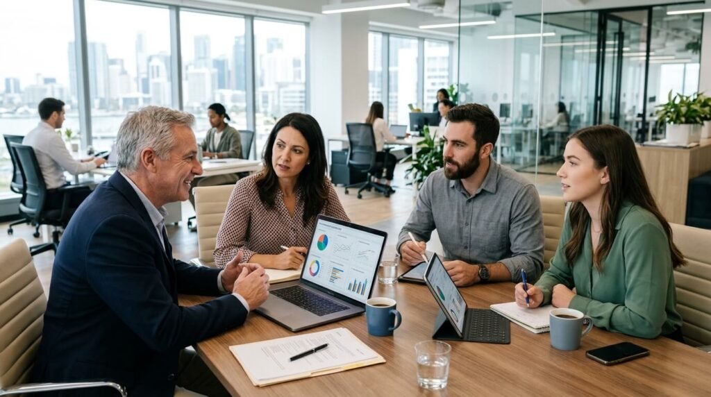 Real estate team reviewing transaction technology adoption and performance