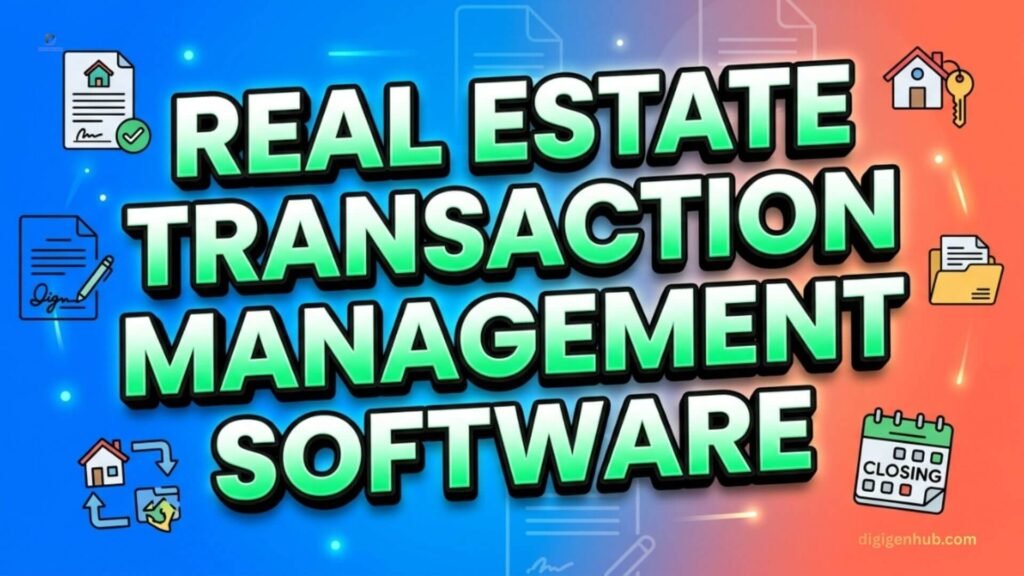 Real estate transaction software with contracts, signatures, and closing icons