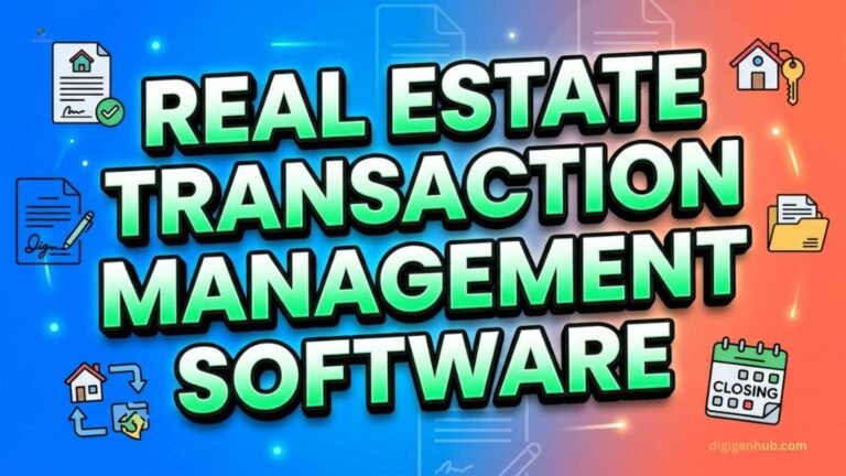 Real estate transaction software with contracts, signatures, and closing icons