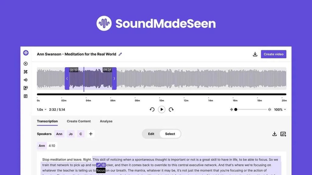 SoundMadeSeen interface converting podcast audio files into captioned waveform videos.