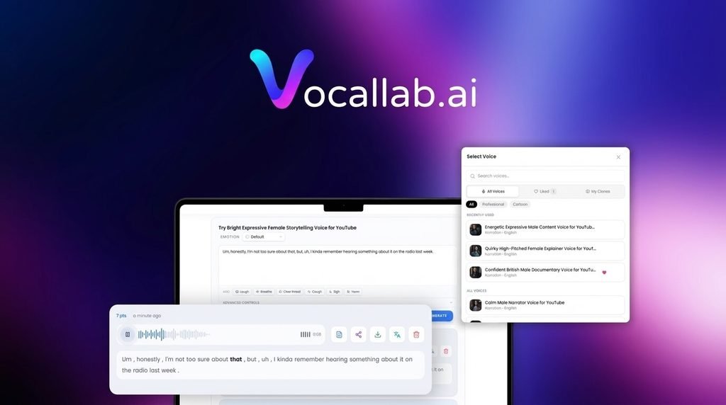 Vocallab AI voiceover generator dashboard showing voice cloning and caption tools.