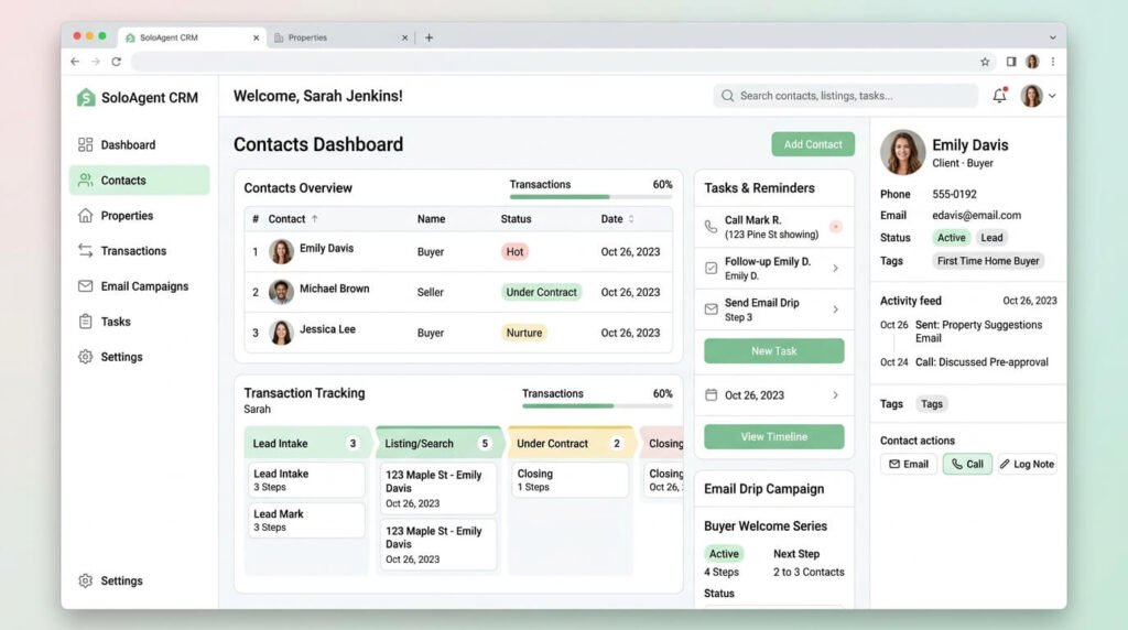 Real estate CRM dashboard managing contacts transactions and client tasks