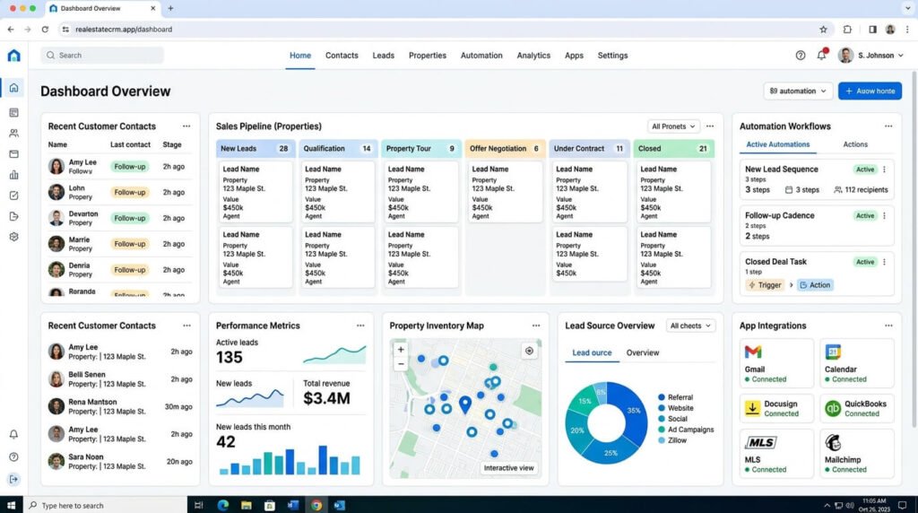 Integrated CRM dashboard connecting real estate contacts tools and workflows