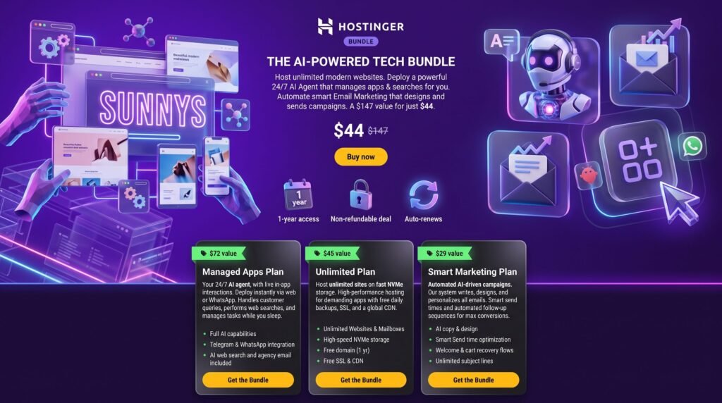 Hostinger all-in-one AI agent website hosting and email bundle overview