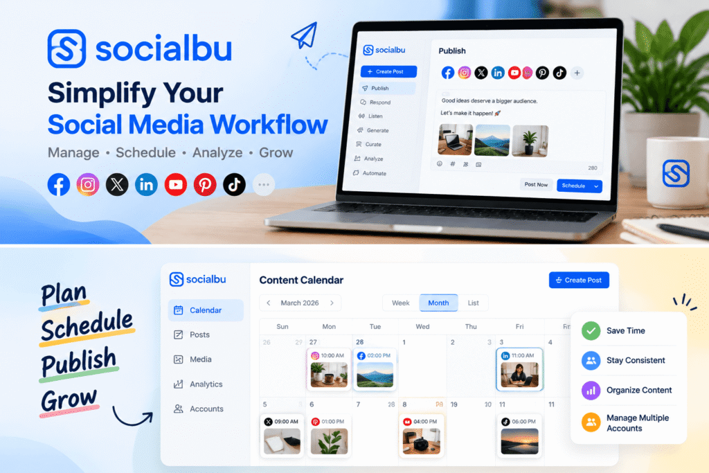 SocialBu social media management dashboard for scheduling and managing content across multiple platforms